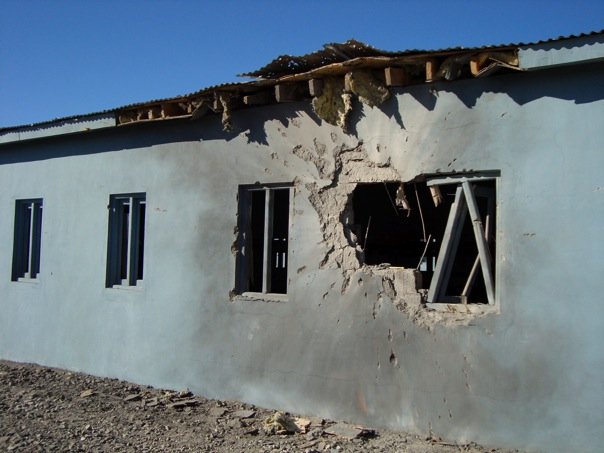A Camp Clark, Afghanistan, barracks showing the results of a direct hit by a 107mm rocket.  Fortunately no one was inside at the time and no one was hurt.